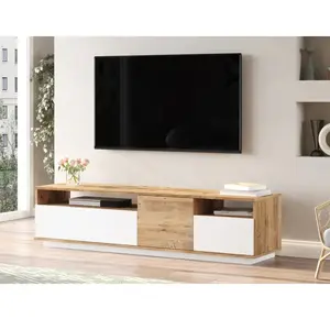MENZZO Meuble TV 2 étagères et 4 portes battantes Ceramno 180cm Bois Naturel et Blanc pas cher
