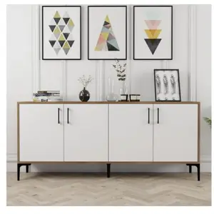 MENZZO Buffet bas 4 portes Vranus 180cm Bois Naturel et Blanc et Métal Noir