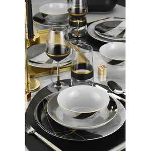 HANAH HOME Service De Table En Porcelaine Motifs Géométriques 24 Pièces