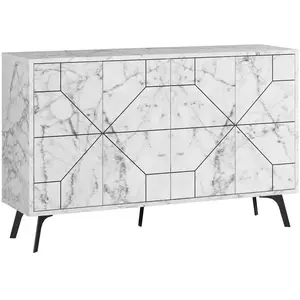 MENZZO Buffet 4 Portes Bois Blanc Effet Marbre Motif Géométrique Kuzako 123cm pas cher
