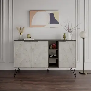 MENZZO Buffet bas 3 portes et 3 étagères Ginda 142cm Bois Marron et Noir effet Marbre et Métal Noir pas cher