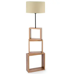 Comparateur de prix : MENZZO Lampadaire combiné 3 étagères Venes 140cm Bois Naturel et Tissu Blanc crème