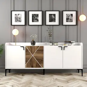 MENZZO Buffet bas 4 portes Zenger 180cm Bois Naturel et Naturel et Métal Noir