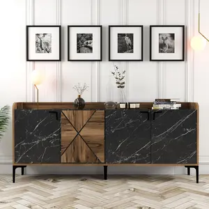 MENZZO Buffet bas 4 portes Zenger 180cm Bois Naturel et Noir effet marbre et Métal Noir