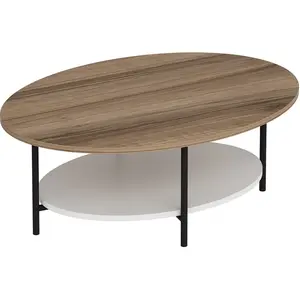 MENZZO Table basse ovale Mekong 60x90cm Métal Noir et Bois Blanc et Chêne clair