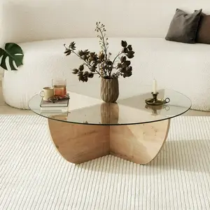 MENZZO Table basse design Sunac D90cm Verre Transparent et Chêne clair pas cher