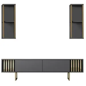 MENZZO Ensemble meuble TV avec 2 étagères Manaslu Métal Or et Bois Anthracite pas cher