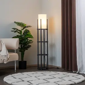 Opviq Lampadaire 8111 noir, tablette, abat-jour en tissu blanc