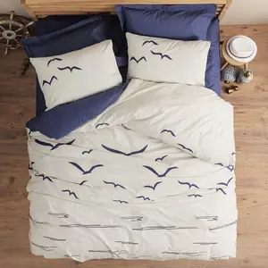 Mijolnir - Parure housse de couette Larum marine/blanc 140x200 cm pas cher