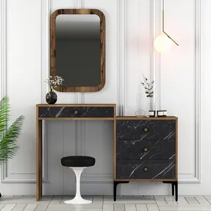 MENZZO Coiffeuse 4 tiroirs avec miroir mural Secondo Bois et Noir effet marbre pas cher