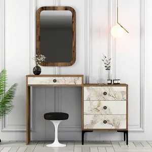 NORTIA DESIGN Coiffeuse 4 tiroirs avec miroir mural Secondo Bois et Blanc Effet marbre pas cher