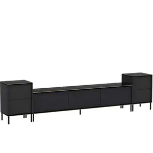 MENZZO Ensemble meuble TV et 2 tables d'appoints Shonna Anthracite et Effet marbre Noir avec finition Or pas cher