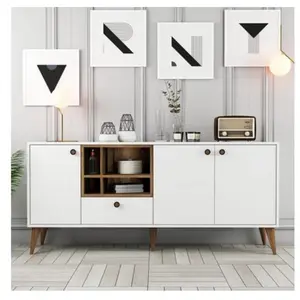 MENZZO Buffet moderne 4 portes Sened L180cm Blanc et Bois foncé TU pas cher