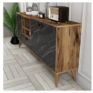 Comparateur de prix : MENZZO Buffet moderne 4 portes Sened L180cm Effet marbre Noir et Bois foncé