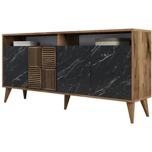 Comparateur de prix : MENZZO Buffet En Bois Noyer Et Noir Effet Marbre 4 Portes Roma 160cm
