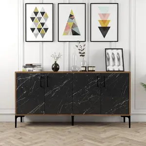Buffet bas - MENZZO - Vranus - 4 portes - Bois Naturel et Effet marbre Noir - Métal Noir
