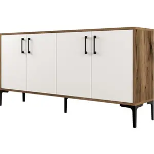 Buffet bas - MENZZO - Vranus - 4 portes - Bois Naturel et Blanc - Métal Noir