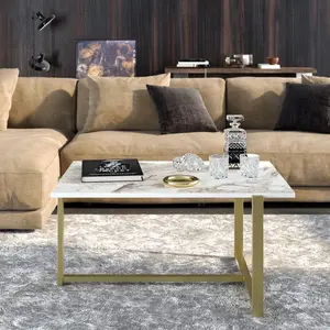 MENZZO Table basse Usiel L92xP64cm Métal Or et Bois Effet marbre Blanc pas cher