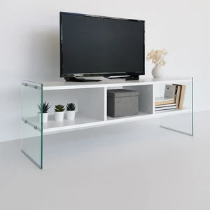 MENZZO Meuble TV 3 étagères Doris L120xH35cm Bois Blanc et Verre trompé Transparent