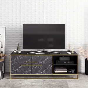 BOBOCHIC Meuble Tv En Bois Noir Effet Marbre Et Métal Doré Bali 160cm