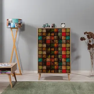 BOBOCHIC Buffet Haut 2 Portes En Bois Clair Et Damier Multicolors Kiza 723 pas cher