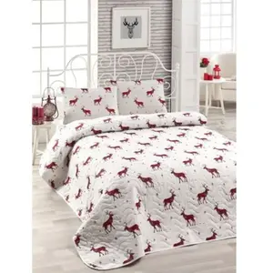 MIJOLNIR Set de couvre-lit 220x240cm et 2 taies d'oreiller 60x60cm Rocky Tissu Motif Cerf Bordeaux et Blanc