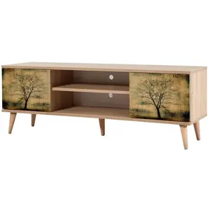 Meuble tv en bois clair à lamelles avec niche kiza 729 pas cher