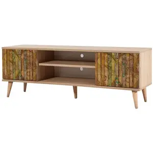 Meuble tv en bois clair à lamelles avec niche kiza 725 pas cher