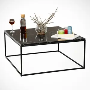 MENZZO Table basse Yasamin L75xH43cm Bois Effet marbre Noir et Métal Noir