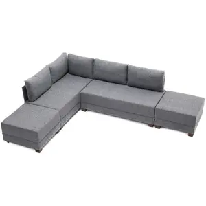Hanah Home Canapé d'angle gauche et 2 poufs tissu gris Tikona 280 cm pas cher
