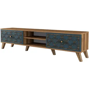 MENZZO Meuble TV 2 portes et 2 étagères Varize 180cm Motif Arabesque Bleu et Bois pas cher