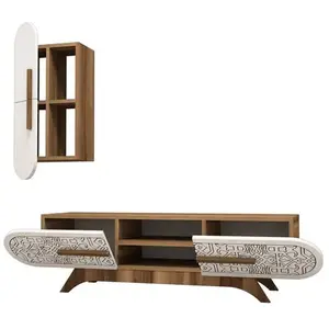 MENZZO Ensemble meuble TV et étagère Valei Bois et Blanc Motif Arabesque Noir pas cher