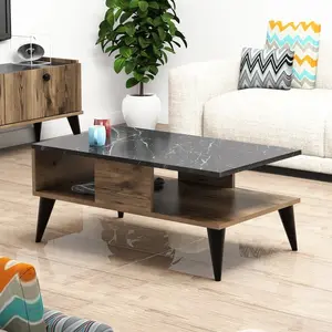 MENZZO Table basse Balou 90x54cm Bois Naturel et Noir effet marbre pas cher
