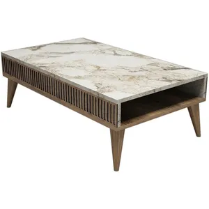 MENZZO Table basse Yemaya 105x60cm Bois Naturel et Blanc effet marbre
