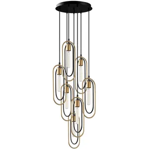 SPLENDOUR LIGHTING Suspension 7 lampes cadre bâtonnet escalier Haruko Métal Noir et Or TU