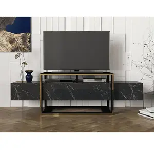 VENTE-UNIQUE Meuble TV avec 2 niches - Effet marbre noir et doré - COMEBI II pas cher