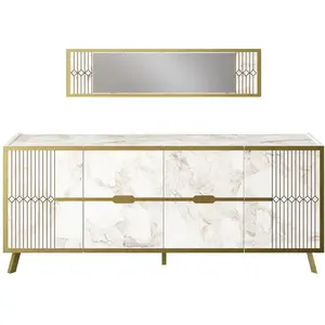 NORTIA DESIGN Ensemble buffet 4 portes 120cm et 1 miroir Wilma Métal Or et Bois Blanc effet marbre et Motif Géométrique Or pas cher