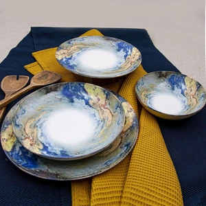 MENZZO Service de table 24 pièces Alvara 100% Porcelaine Motif Abstrait Bleu, Jaune et Blanc TU