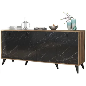 MENZZO Buffet 4 portes Ancon 180x80cm Bois Naturel et Noir effet marbre