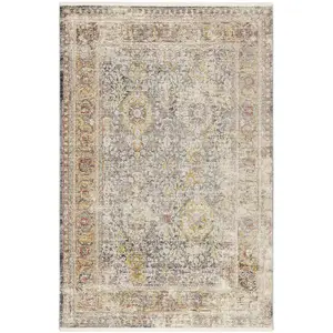 WECON HOME Tapis vintage bohème à poils ras et franges gris jaune 190x130