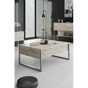MENZZO Table basse Sibylle L90xH40cm Bois Effet travertin et Métal Argent pas cher
