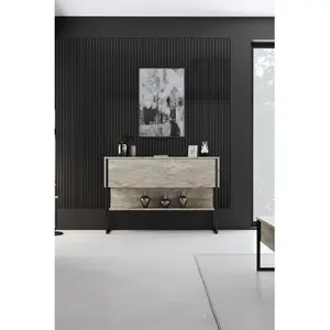 MENZZO Console moderne 1 porte Sibylle L120cm Bois Effet travertin et Métal Noir pas cher