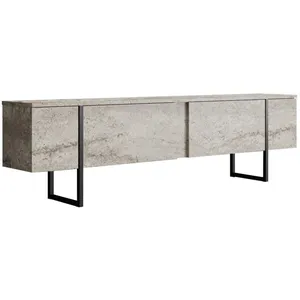 MENZZO Meuble TV moderne 2 portes Sibylle L180cm Bois Effet travertin et Métal Noir pas cher