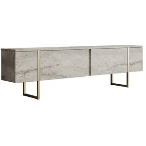 MENZZO Meuble TV moderne 2 portes Sibylle L180cm Bois Effet travertin et Métal Or pas cher