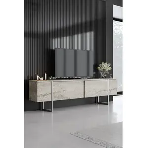 MENZZO Meuble TV moderne 2 portes Sibylle L180cm Bois Effet travertin et Métal Argent pas cher