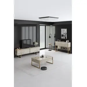 MENZZO Ensemble de meubles de salon moderne avec meuble TV, console et table basse Sibylle Bois Effet travertin et Métal Or