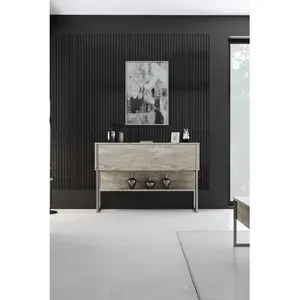 MENZZO Console moderne 1 porte Sibylle L120cm Bois Effet travertin et Métal Argent pas cher