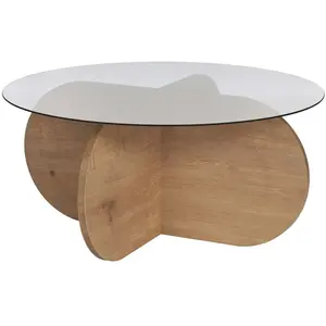 - Table basse ronde en verre Aeris chêne, verre fumé pas cher