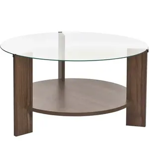 - Table basse ronde en verre Clara noyer, verre transparent pas cher