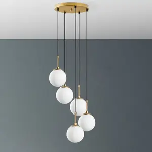 Opviq Suspension Orbital, blanc/doré, à 5 lampes, verre, métal, E14 pas cher